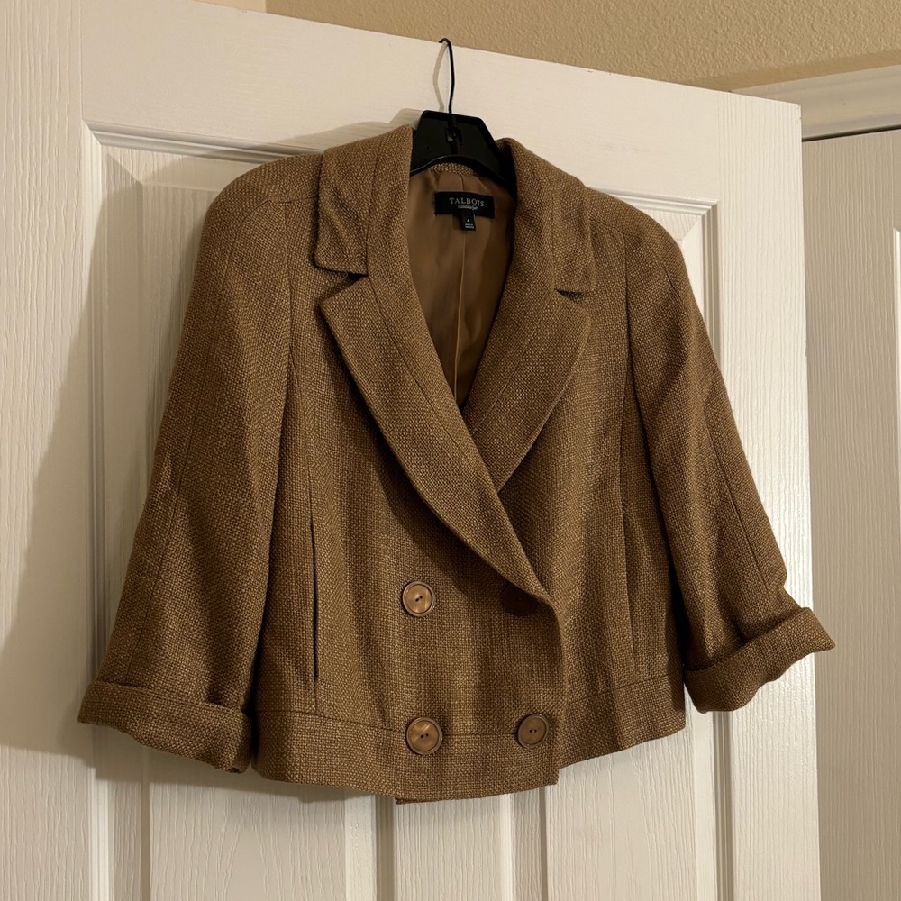 TALBOTS Cropped Tan Tweed Like Blazer with Buttons - Picture 3 of 9